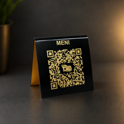 Zakrivljena pločica sa QR kodom crna sa zlatnom gravurom